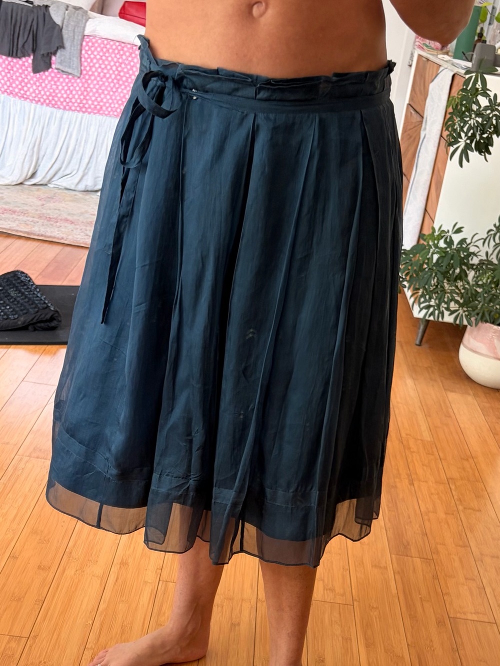 Dkny Navy A-Line Midi Skirt with Waist Tie